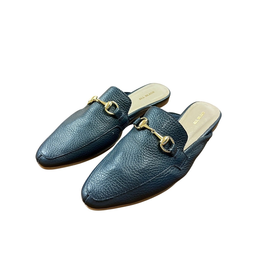 ALL BLACK Horsebit Loafer Mules 39.5 9 Navy Blue Leather Classic Luxury